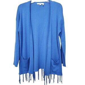 Foxcroft Cotton/Modal Blue Open Front Cardigan w/Fringe Size Medium